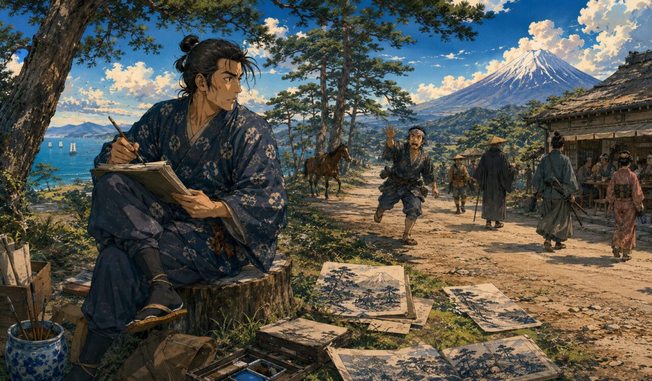 歌川広重の生涯やエピソードを象徴するイラスト