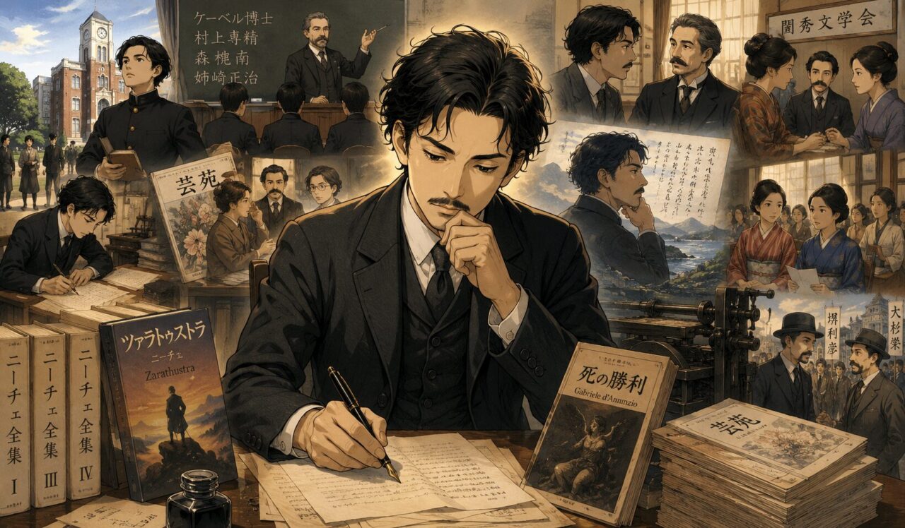生田長江の生涯やエピソードを象徴するイラスト