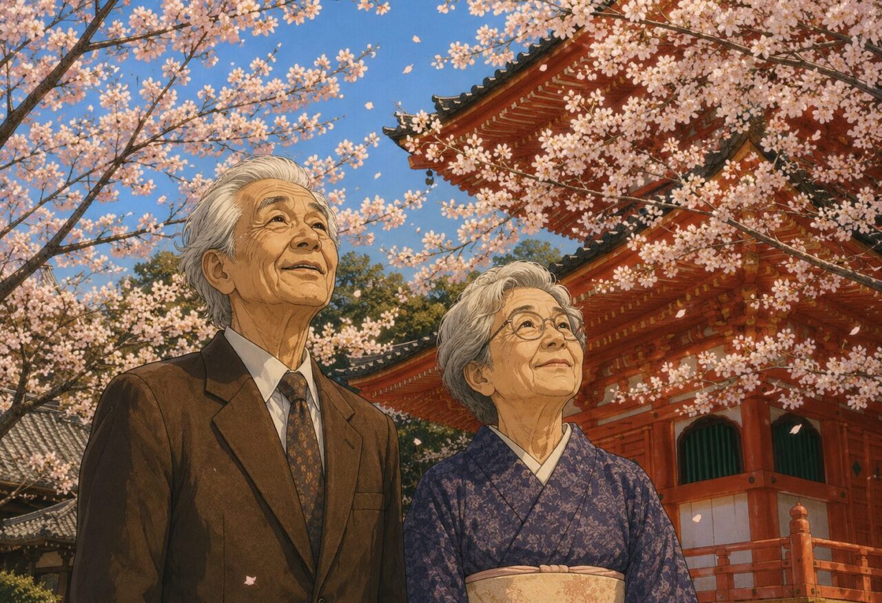 岡潔と妻みちと紀三井寺の桜（AI生成）