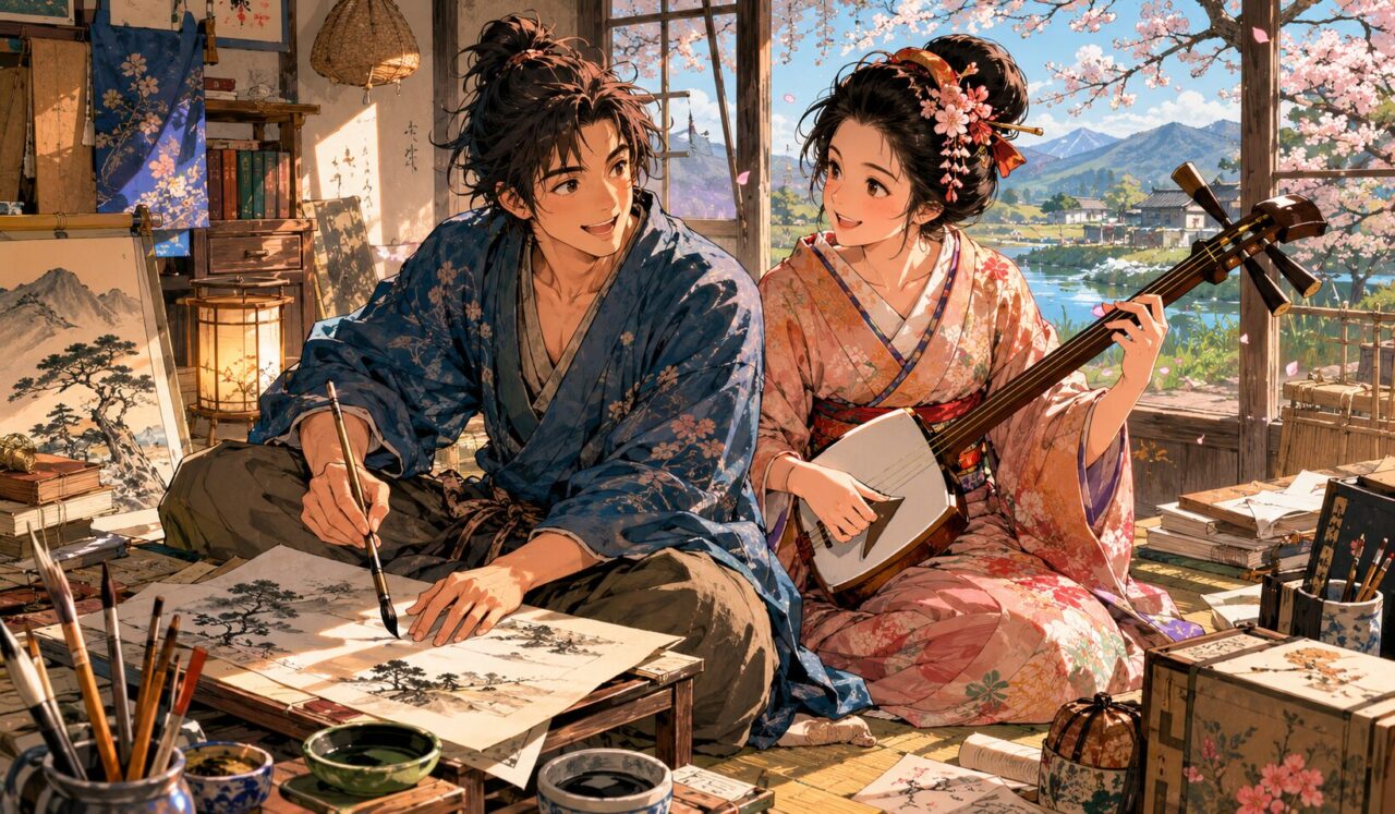 池大雅の生涯やエピソードを象徴するイラスト