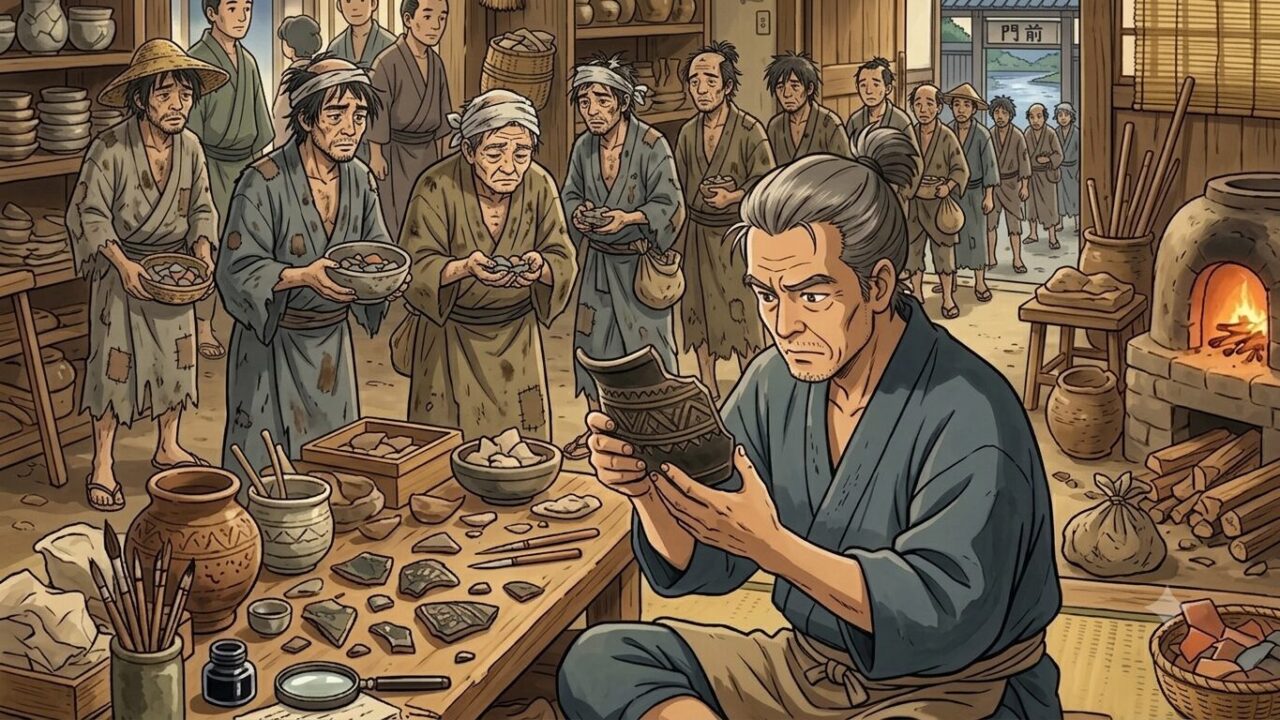 青木木米の「2章 陶工としての修行と破片からの学び」のシーンを表すイラスト