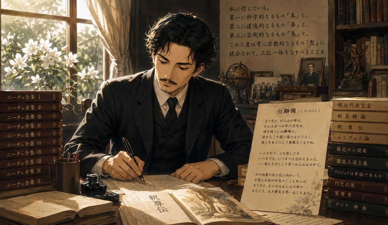 生田長江の生涯やエピソードを象徴するイラスト