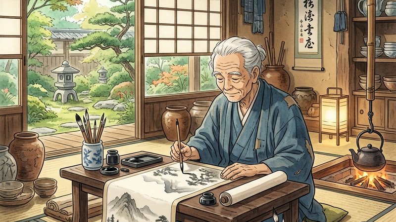 青木木米の「4章 家庭生活、交友、そして晩年」のシーンを表すイラスト