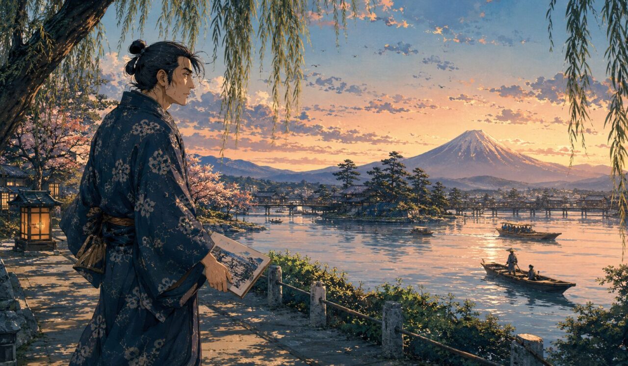 歌川広重の生涯やエピソードを象徴するイラスト