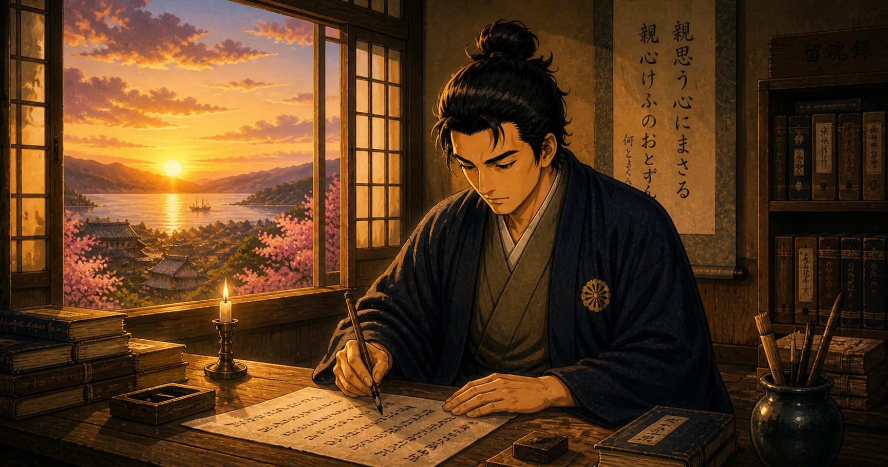 夕日が沈む海を窓の外に望む書斎で、辞世の句「親思う心にまさる親心」の掛け軸を背に筆を執る吉田松陰のイラスト