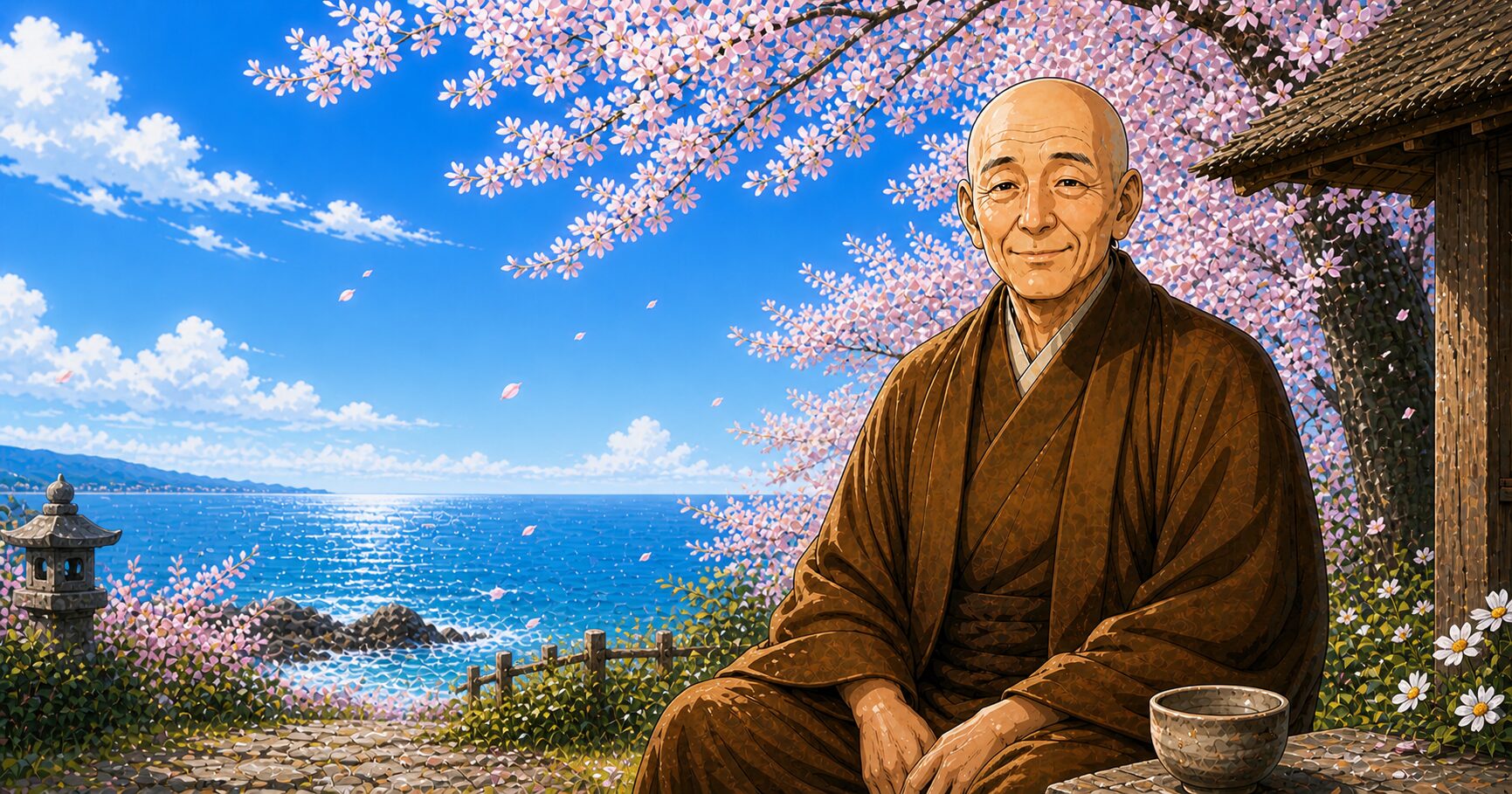 満開の桜と青い海を背景に、穏やかな微笑みを浮かべて座る良寛和尚のイラスト