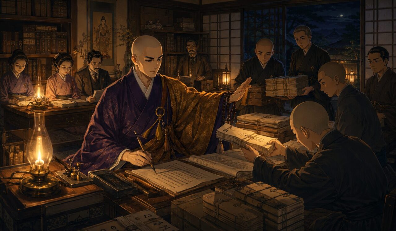雲照律師の生涯やエピソードを象徴するイラスト