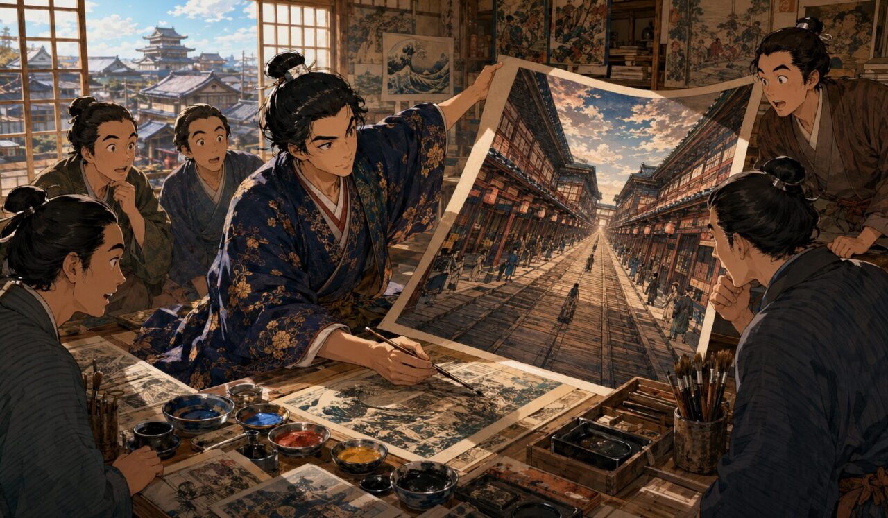 歌川豊春の生涯やエピソードを象徴するイラスト