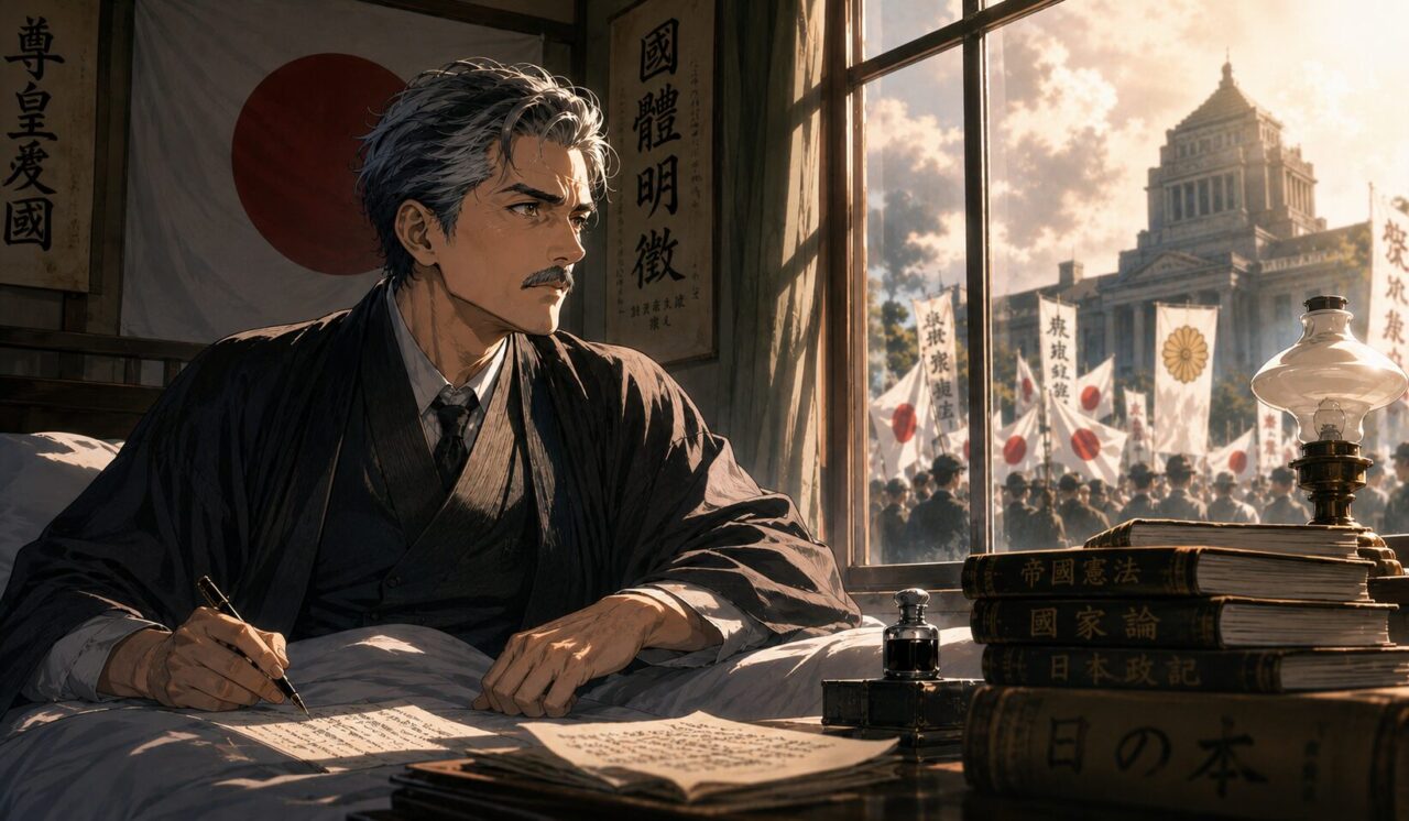 上杉慎吉の生涯やエピソードを象徴するイラスト
