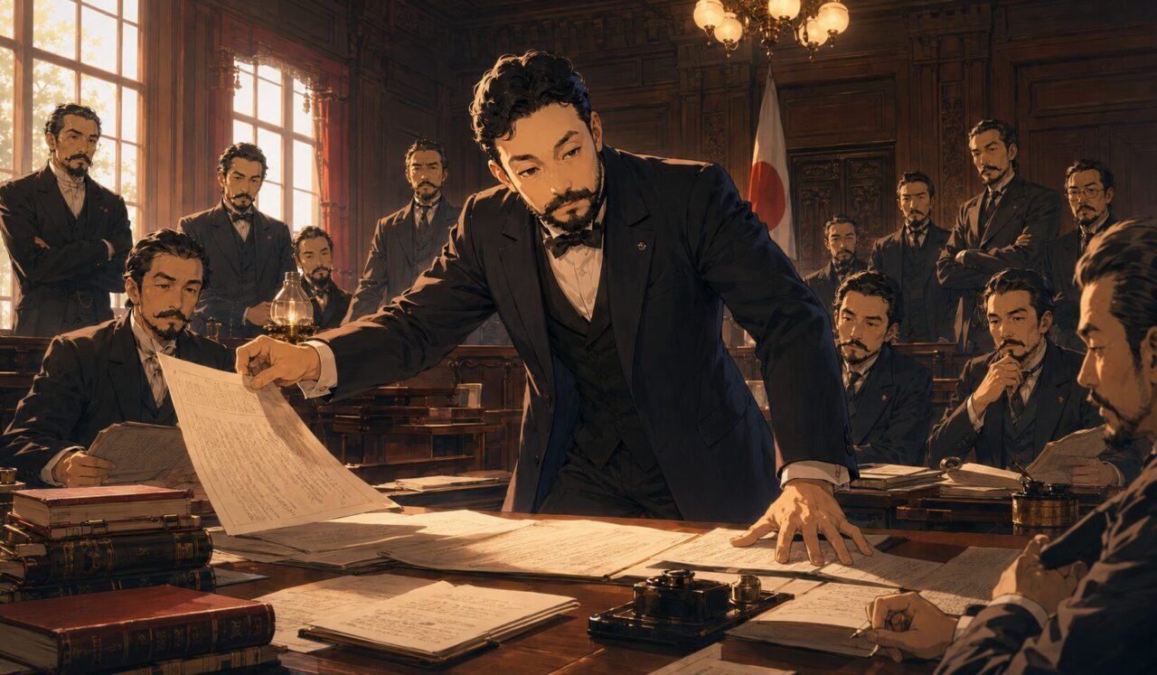 梅謙次郎の生涯やエピソードを象徴するイラスト