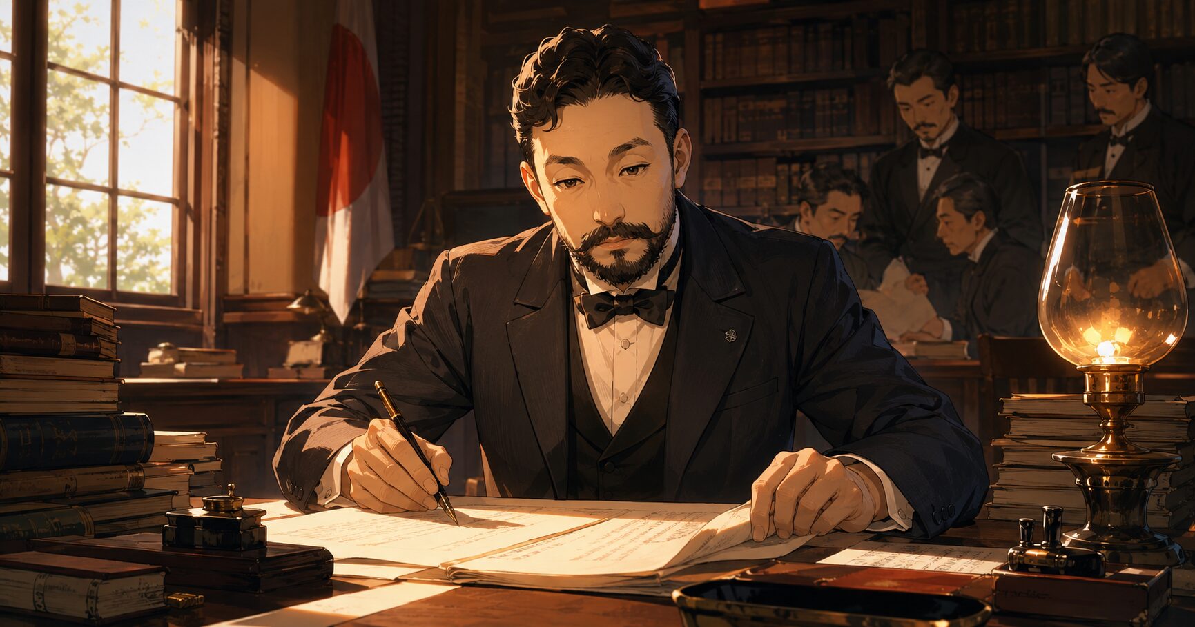 梅謙次郎の生涯やエピソードを象徴するイラスト