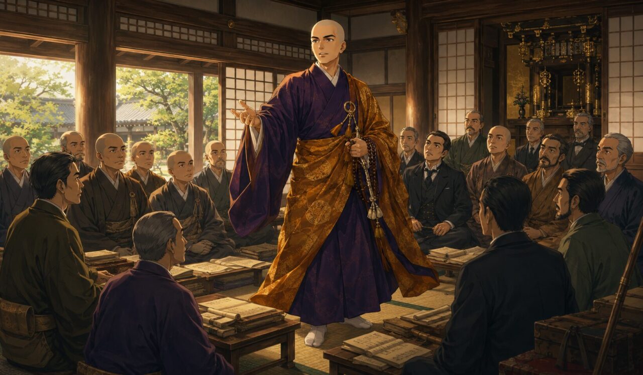 雲照律師の生涯やエピソードを象徴するイラスト
