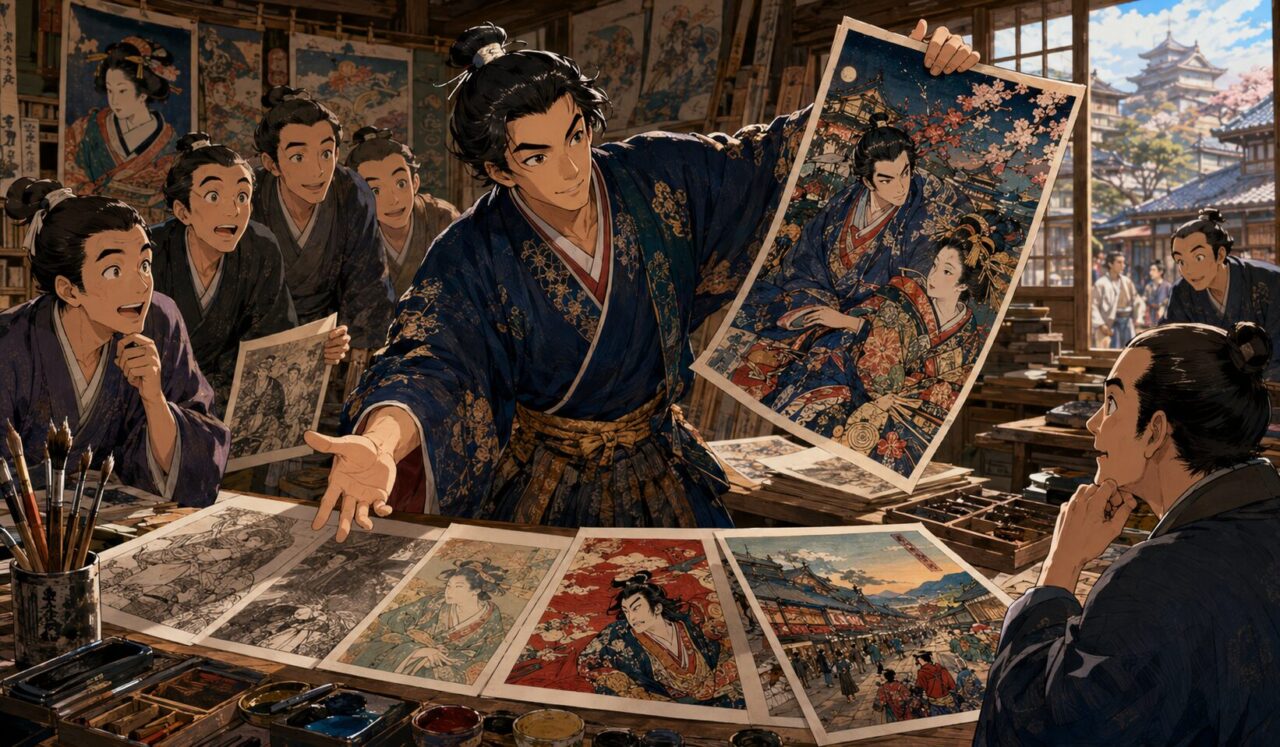 歌川豊春の生涯やエピソードを象徴するイラスト