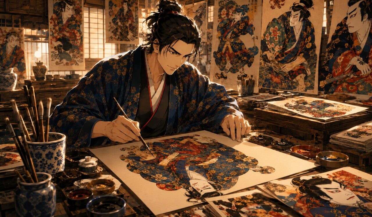 歌川豊国の生涯やエピソードを象徴するイラスト