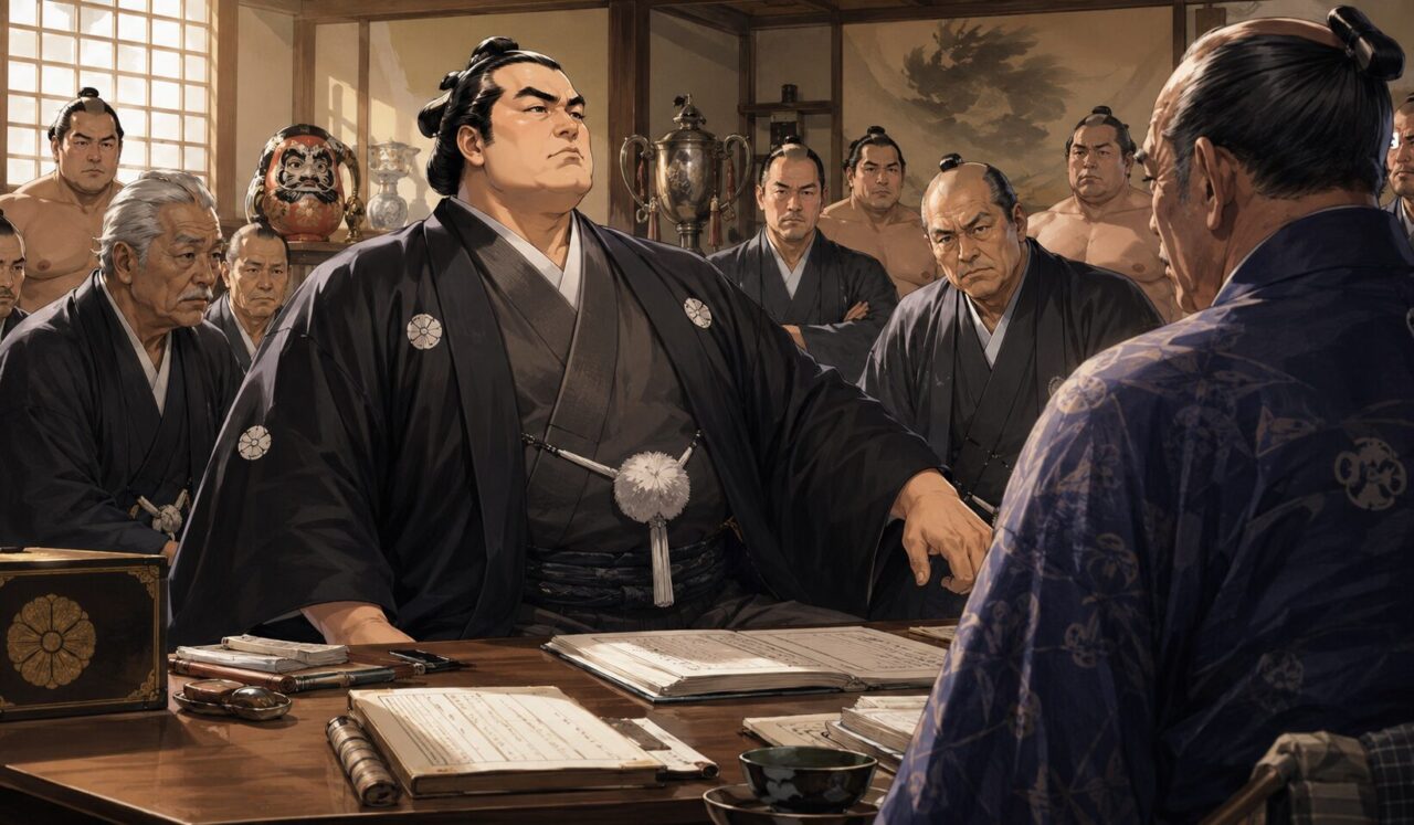 梅ヶ谷藤太郎の生涯やエピソードを象徴するイラスト