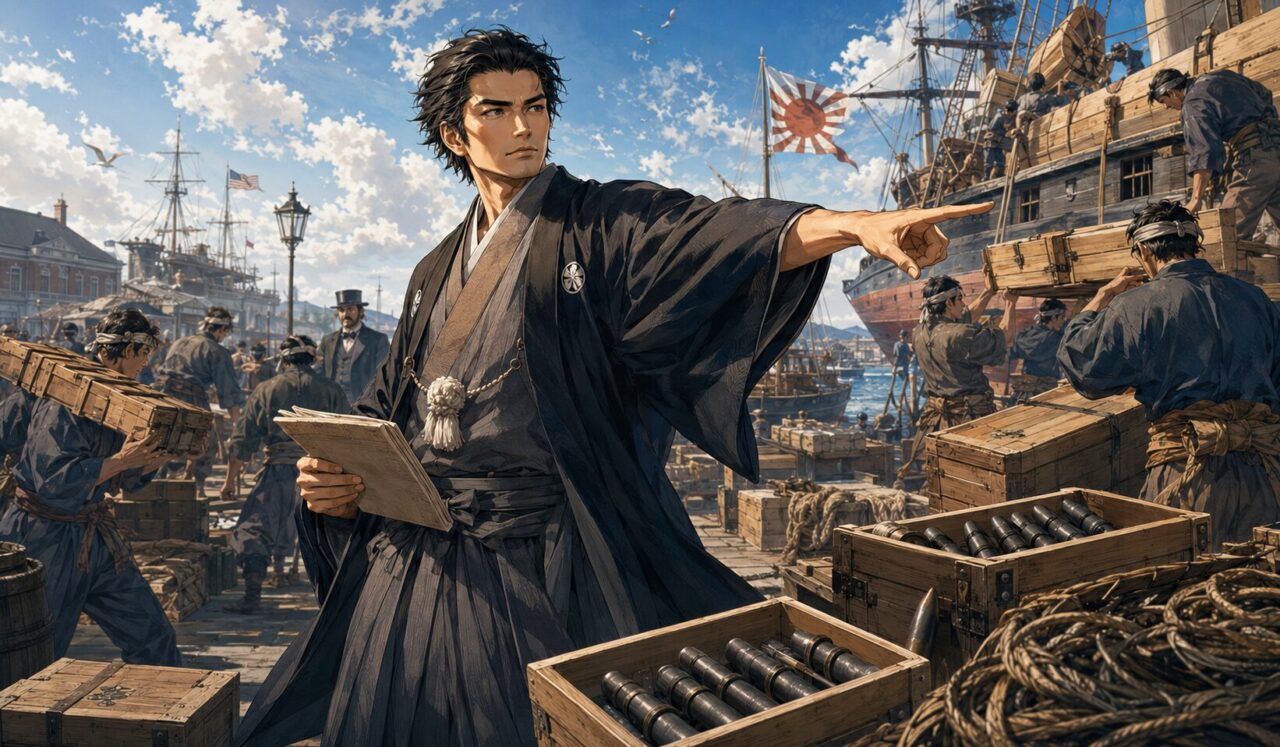 大倉喜八郎の生涯やエピソードを象徴するイラスト