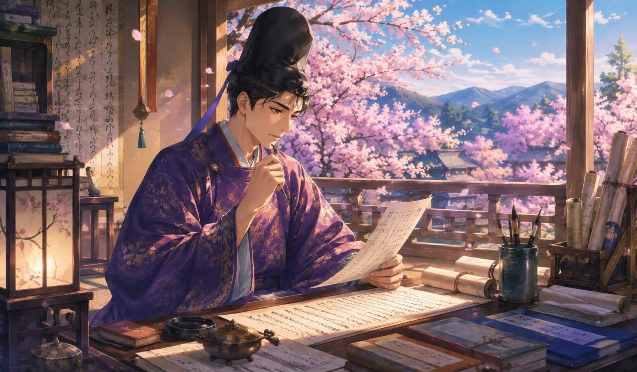 大伴家持の生涯やエピソードを象徴するイラスト