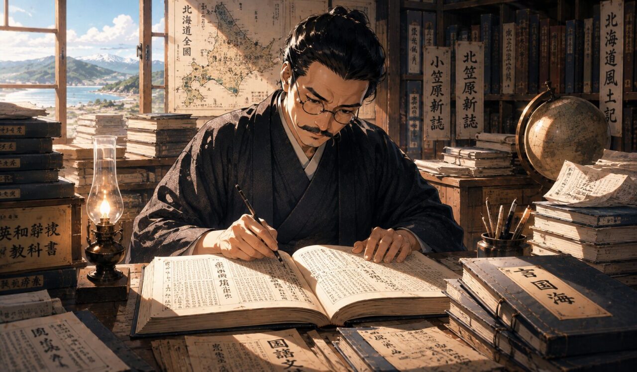 大槻文彦の生涯やエピソードを象徴するイラスト