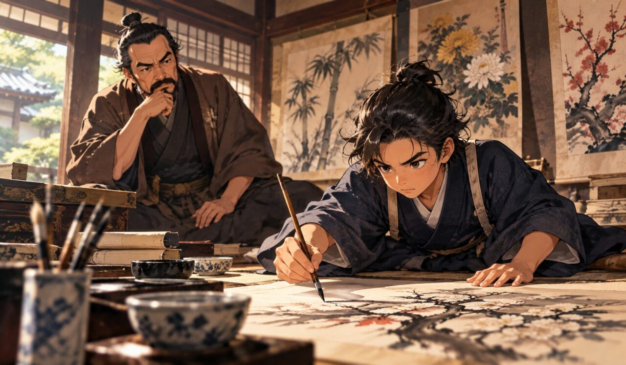 荒木寛畝の生涯やエピソードを象徴するイラスト